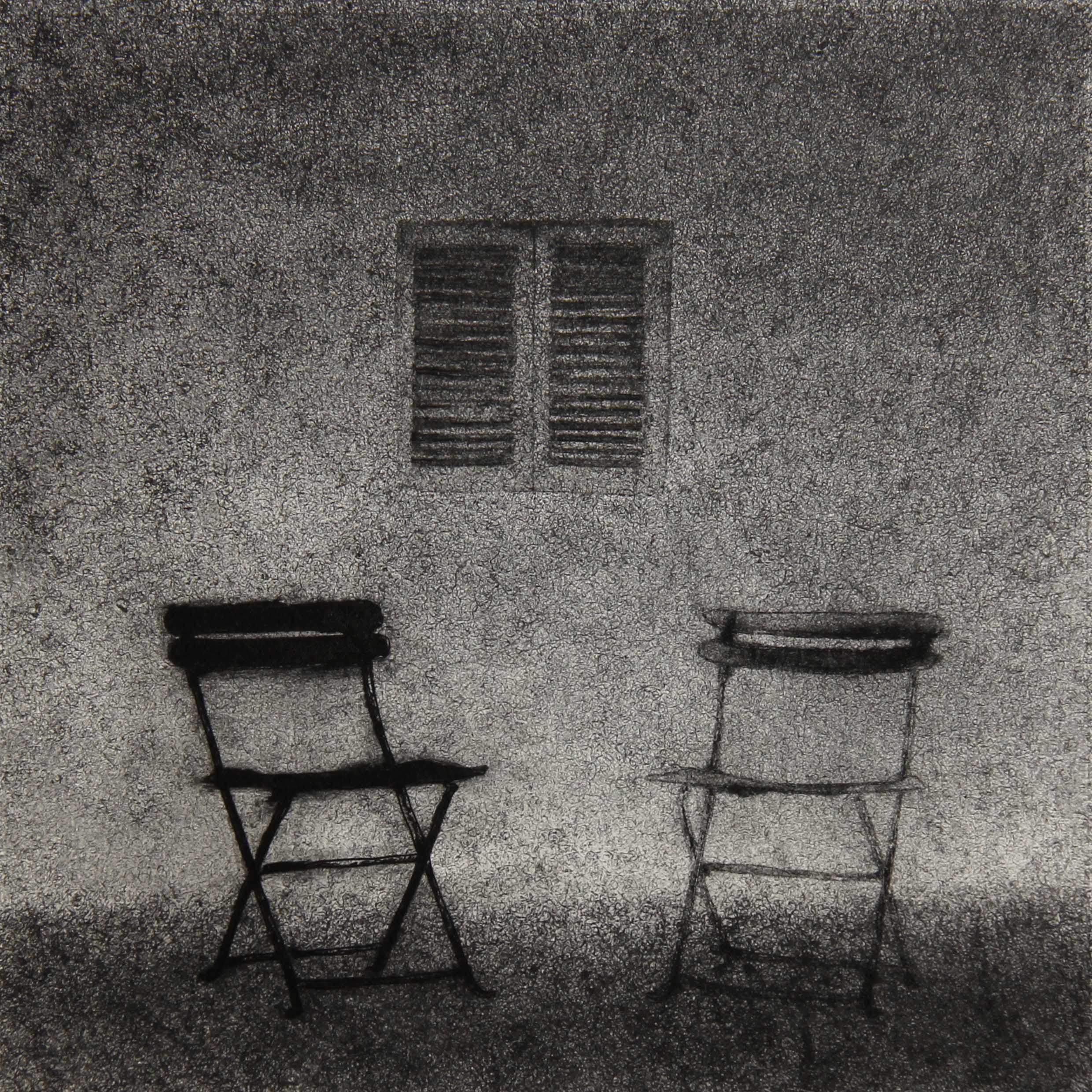 A monotype print from the ASSENZA series by Hydon BAI. A vacant folding chair stands alone, rendered in delicate tonal variations against a surface marked by the unique grain and pressure texture characteristic of the deterministic monotype process. The empty seat reads as both object and void — a place where someone once was, and is no longer.