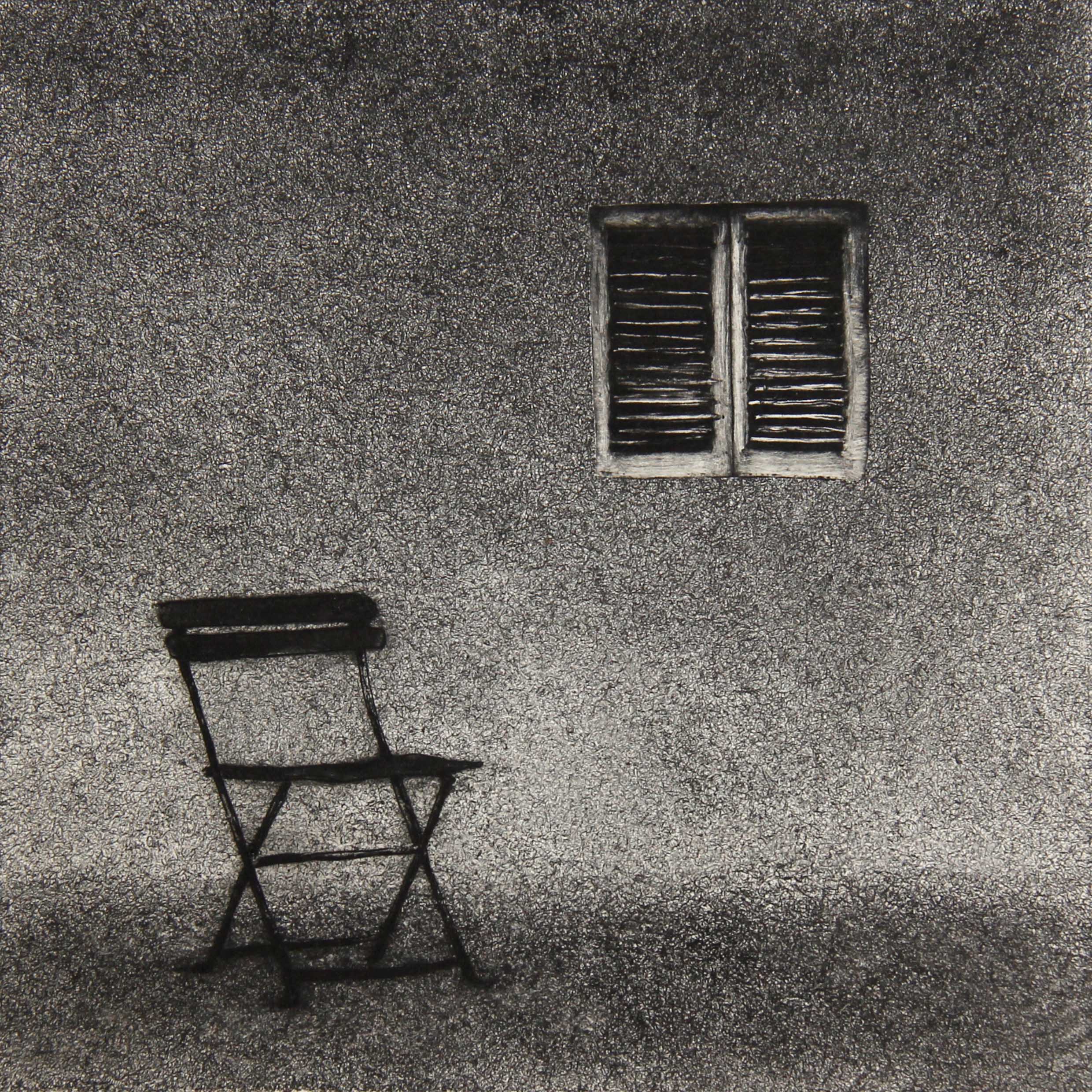 A monotype print from the ASSENZA series by Hydon BAI. A pair of empty shells or hollow forms sit side by side, rendered in muted, atmospheric tones against the distinctive grain field of the deterministic monotype process. The two forms read as former containers — structures that once held something living and now stand evacuated, their emptiness becoming the subject itself.