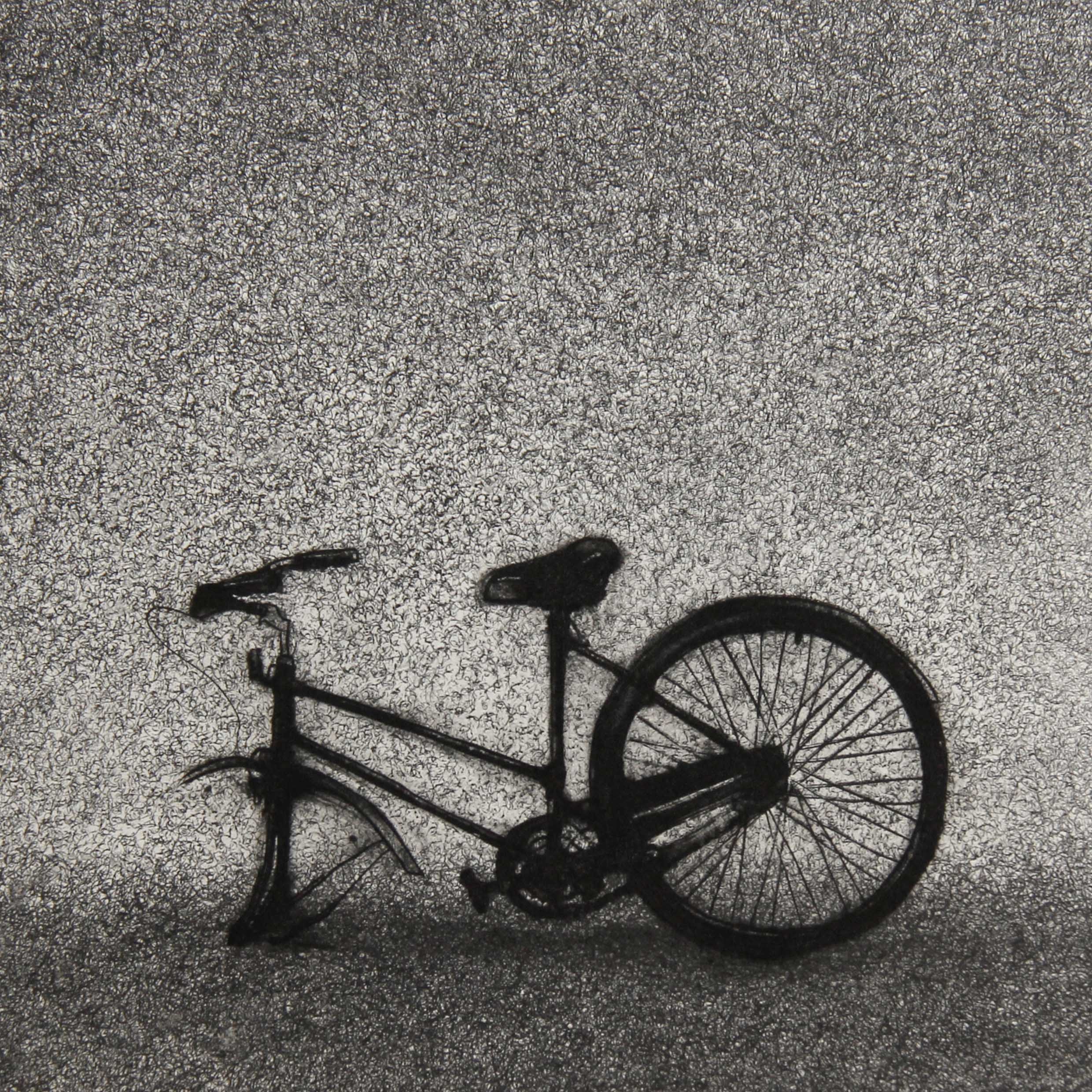 A monotype print from the ASSENZA series by Hydon BAI. A bicycle rendered in a state of structural collapse, its frame buckling under an invisible weight against the characteristic grained surface of the deterministic monotype process. The bicycle — an object defined entirely by forward momentum and autonomous control — appears arrested mid-collapse, its stillness charged with the weight of a body that can no longer propel itself forward. The Hydon BAI Method, where the original drawing on acrylic is destroyed under high pressure at the moment of printing, makes the surface texture inseparable from the image's meaning.