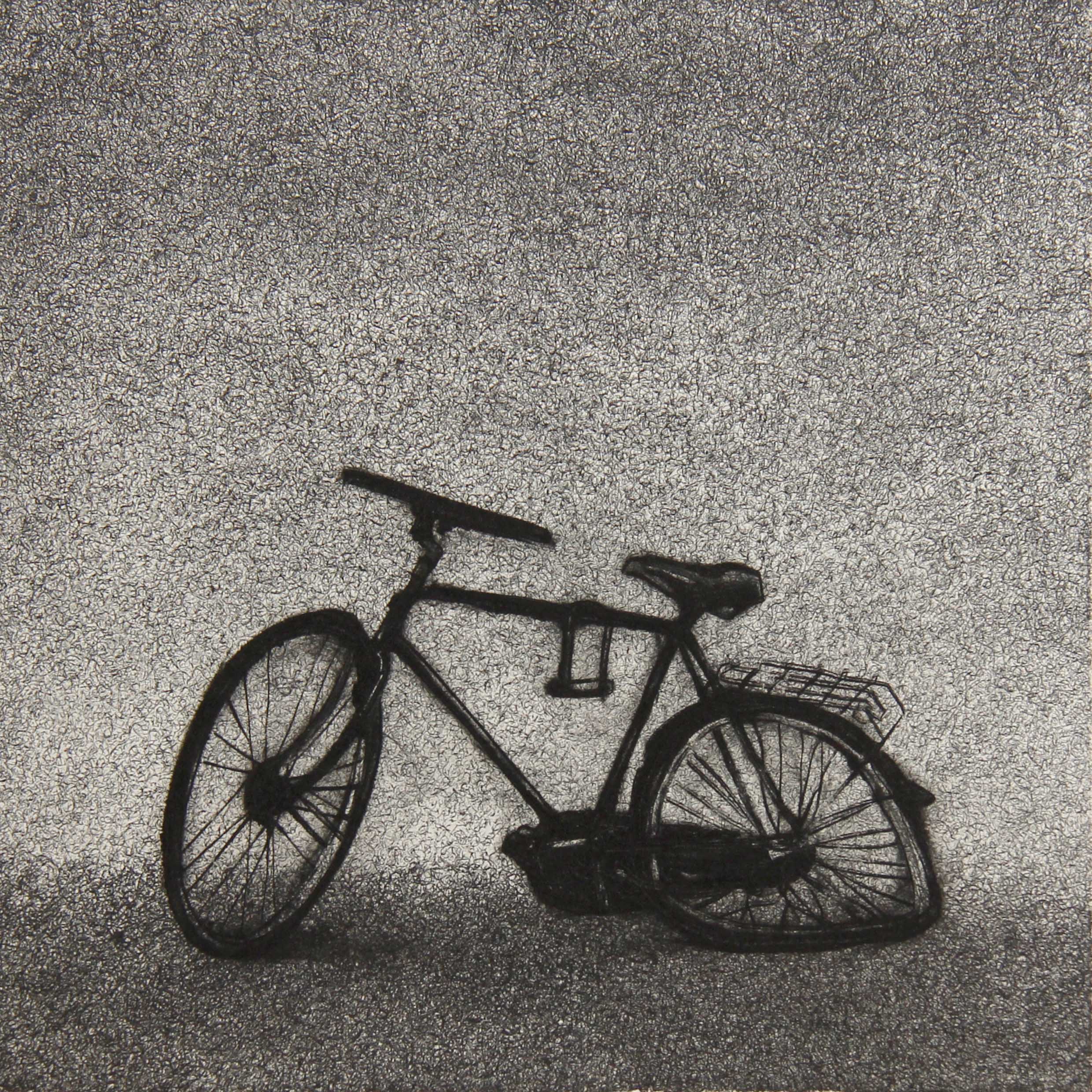 A monotype print from the ASSENZA series by Hydon BAI. A bicycle twisted into deformation, its geometry warped beyond functional recognition, set against a field of atmospheric grain and pressure texture unique to the deterministic monotype process. The subdued palette and physical surface depth produced by the Hydon BAI Method — immense manual labor invested into an acrylic plate, then ritually destroyed in the printing — transform the bicycle from a mundane object into something forensic: a material witness to deformation that is as much psychological as it is physical.
