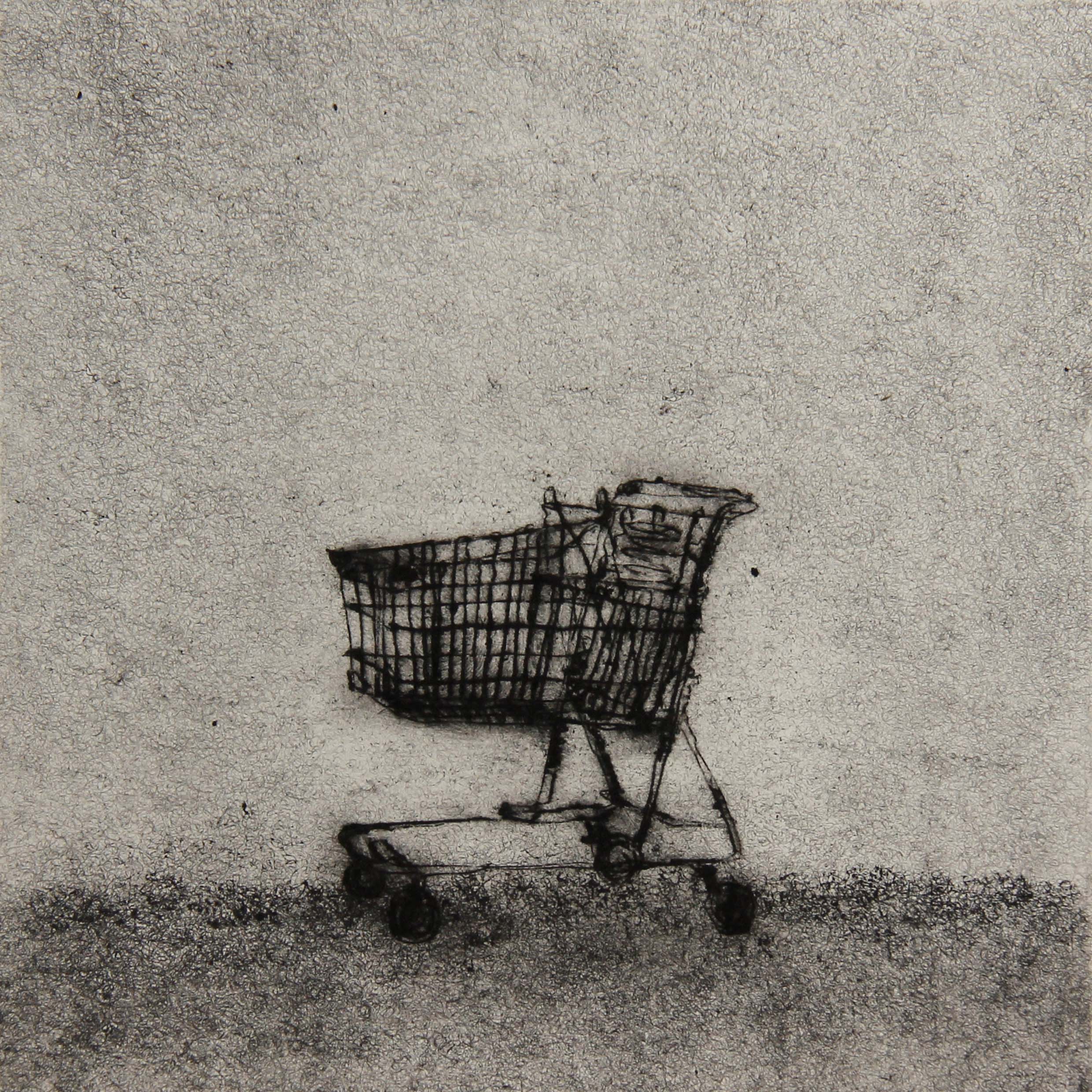 A monotype print from the ASSENZA series by Hydon BAI. A shopping cart stands alone, its empty basket rendered in muted, subdued tones against the grained surface characteristic of the deterministic monotype process. The cart — an object designed to carry — appears as both vessel and void, its hollowness made visible through the material depth of the Hydon BAI Method, where the original drawing on acrylic is destroyed under high pressure at the moment of printing. The image reads as a portrait of accumulation without substance: a container filled with everything except the self.
