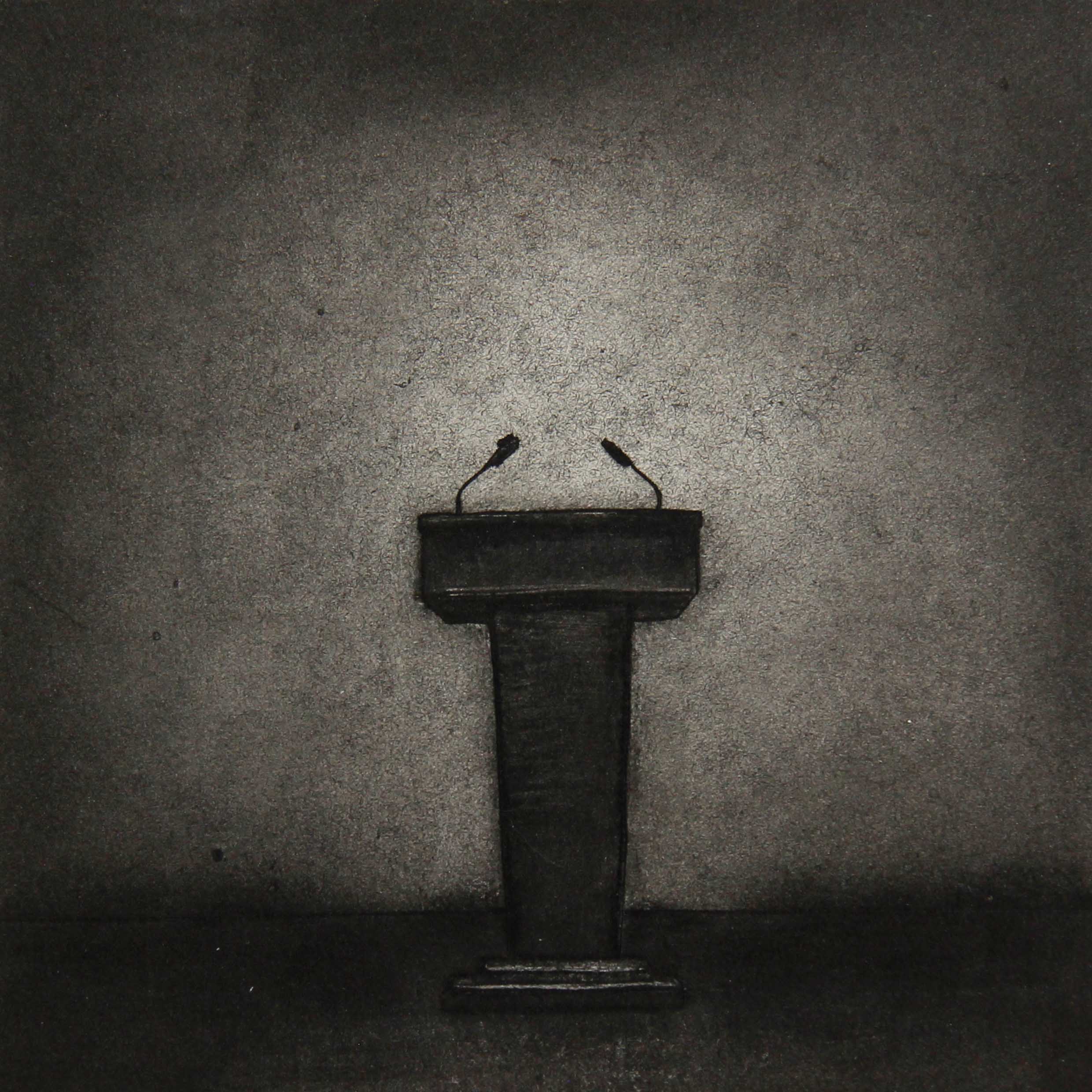 A monotype print from the ASSENZA series by Hydon BAI. A microphone and stage apparatus stand ready — the spotlight on, every instrument of expression in place — rendered in subdued, grainy tones against the pressure-marked surface of the deterministic monotype process. Yet the stage is empty. The one who should speak, who should take hold of the present moment and give it a voice, remains absent. Rendered through the Hydon BAI Method, where the original plate is destroyed at the moment of printing, the image becomes a portrait of deferred presence: all conditions for speech are met, but the speaker never arrives.