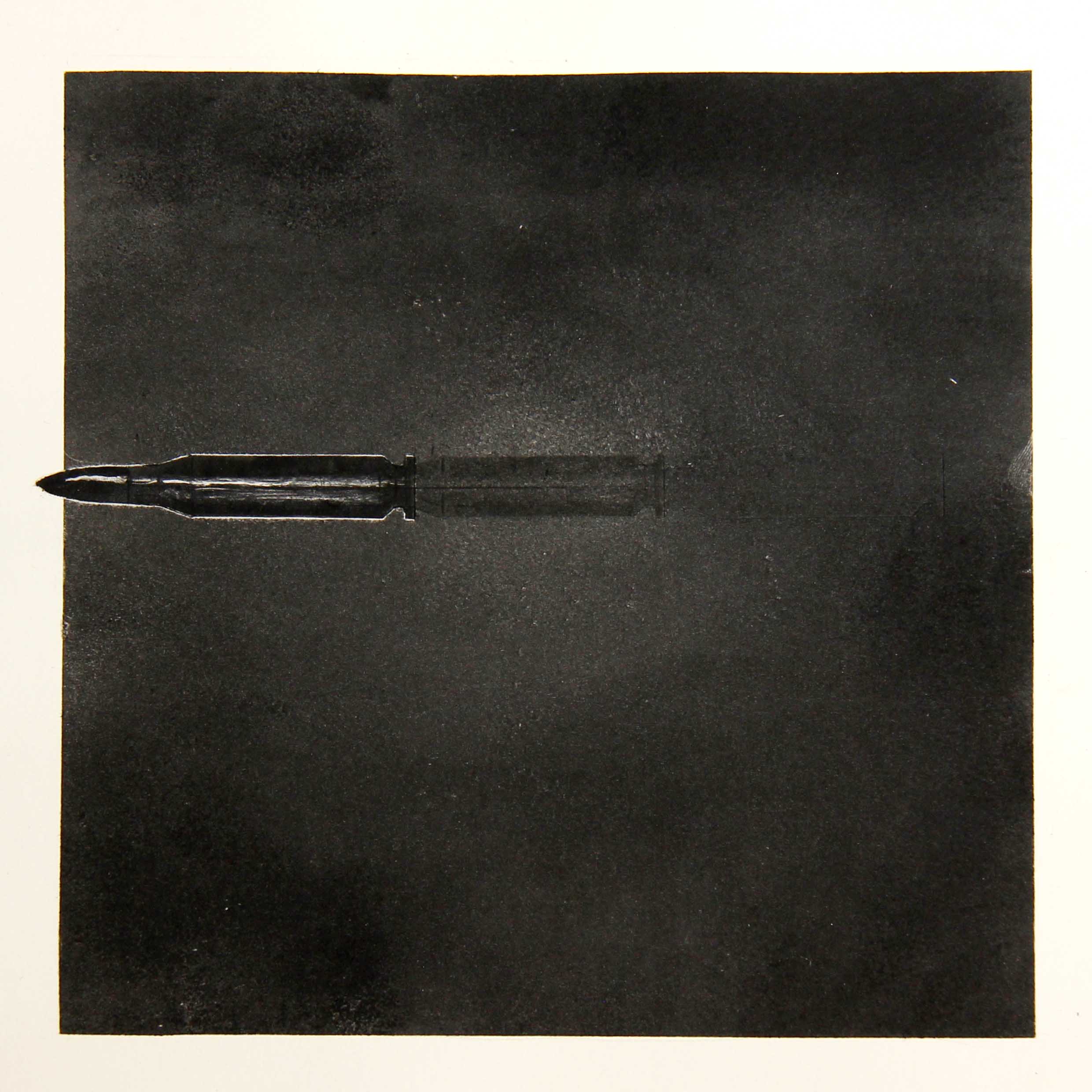 A monotype print from the ASSENZA series by Hydon BAI. A cluster of bullet-like forms — projectiles of information — pierce the grained, pressure-marked surface characteristic of the deterministic monotype process. Rendered in muted, almost forensic tones through the Hydon BAI Method, where the original plate is destroyed at the moment of printing, the objects read as both physical ammunition and psychological metaphor: thousands of high-density data points tearing through consciousness daily, leaving the body pinned in place while the virtual world roars past.