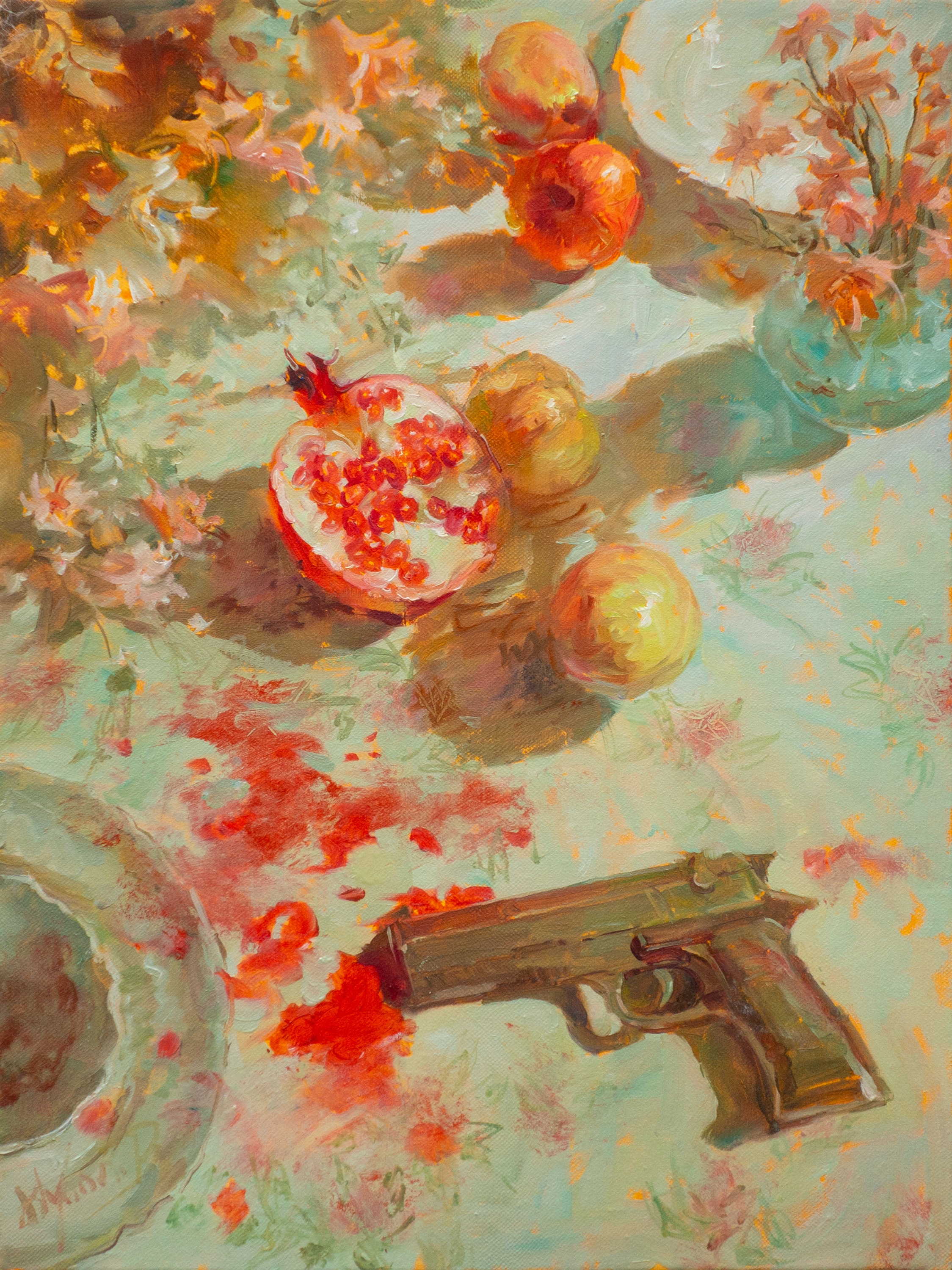 A vertical oil painting of a pale mint-green table scattered with pomegranates, yellow fruit, flower petals, and glass vessels holding delicate branches. Red juice runs across the patterned cloth in irregular stains. A dark pistol enters diagonally from the lower-right edge, its barrel pointing toward the center beneath a field of soft green, orange, pink, and cream brushwork.
