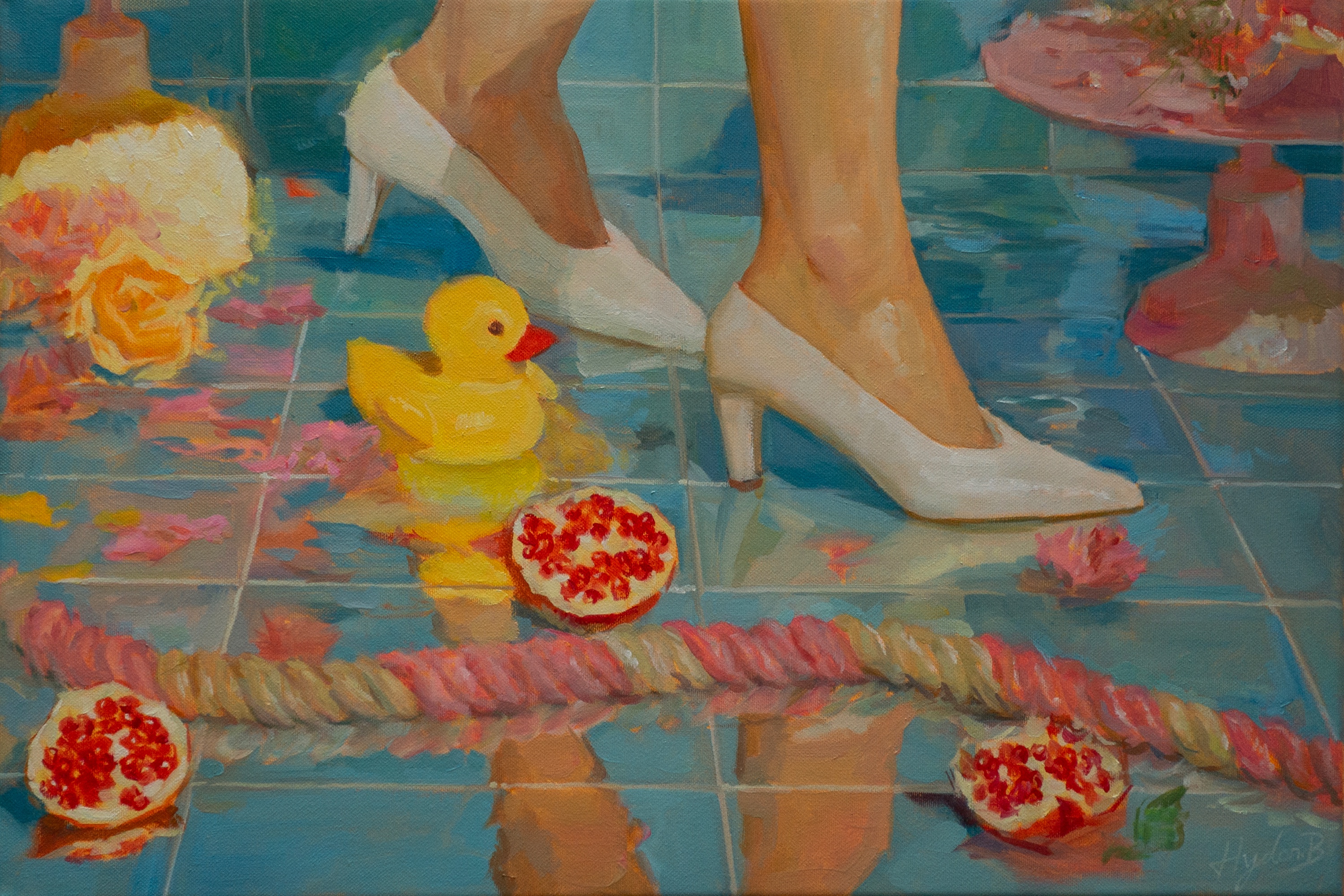 A horizontal oil painting seen from floor level. A pair of bare legs in ivory-white high heels crosses glossy turquoise tiles beside a bright yellow toy duck. Open pomegranates, red seeds, flower petals, and a thick twisted rope are scattered across the reflective floor. Pink floral arrangements and rounded decorative objects appear at the outer edges of the blue interior.