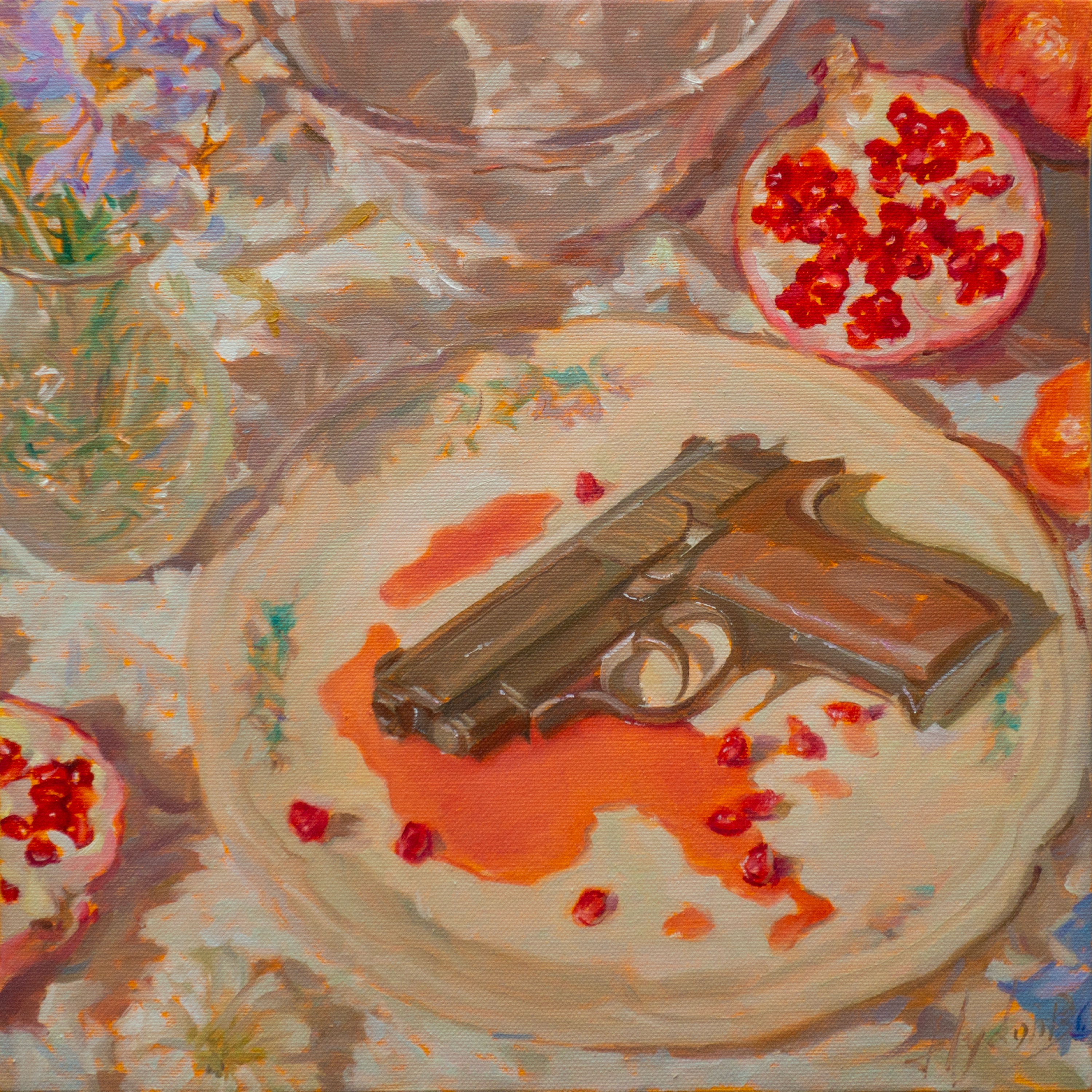 A square oil painting viewed from above. A dark metal pistol rests across a large white platter surrounded by split pomegranates, loose red seeds, and pools of bright red juice. Pale glass vessels, a striped drinking straw, and fragments of flowers sit around the plate, all painted in warm cream, muted lavender, orange, and crimson tones.