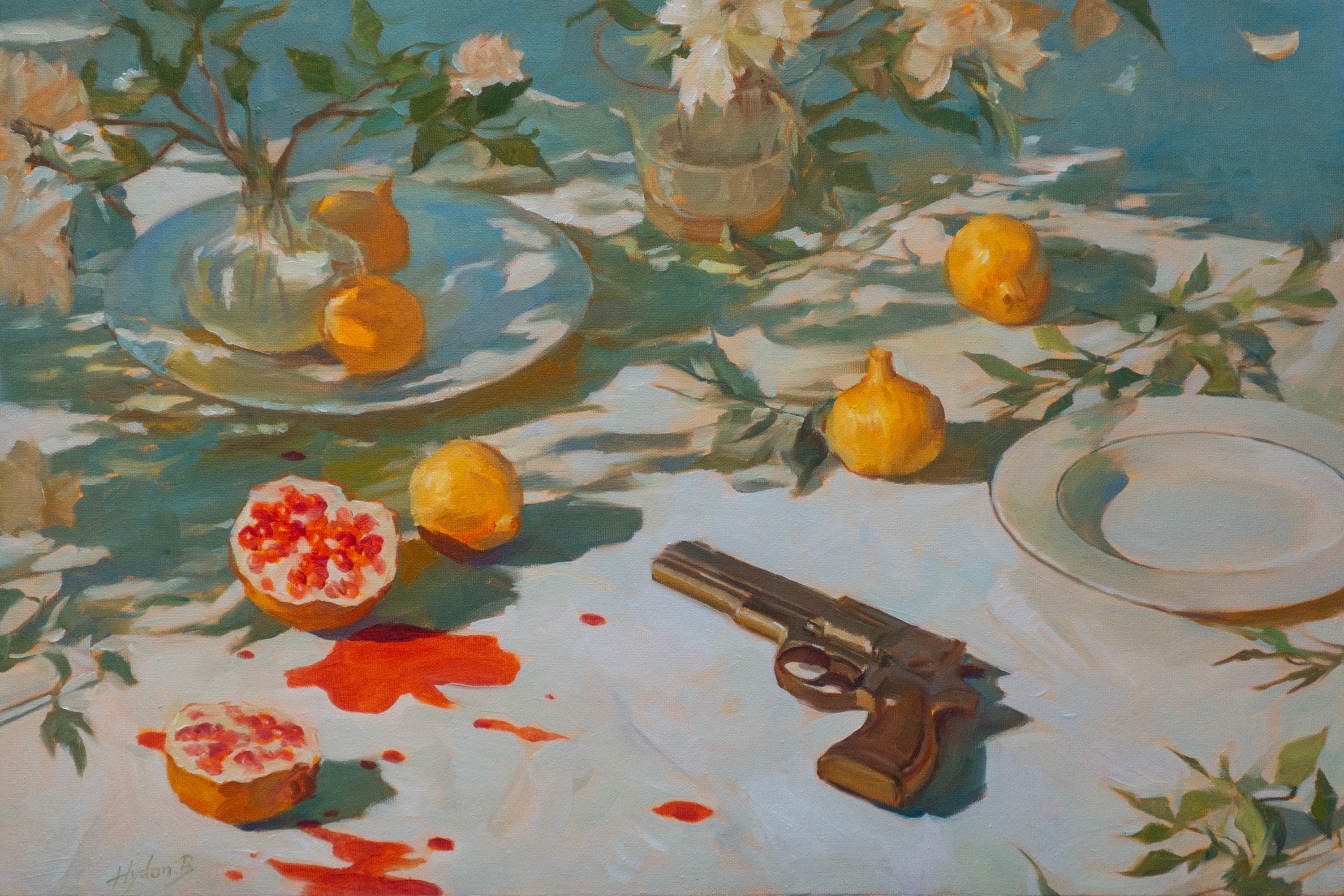 A wide oil painting of a pale table covered with green leaves, white flowers, yellow fruit, and opened pomegranates. Dark red juice spreads across the cloth near an empty white plate. A brown metal handgun lies diagonally in the lower-right foreground, while glass vessels and flowering branches cast long shadows across the cool blue-green setting.