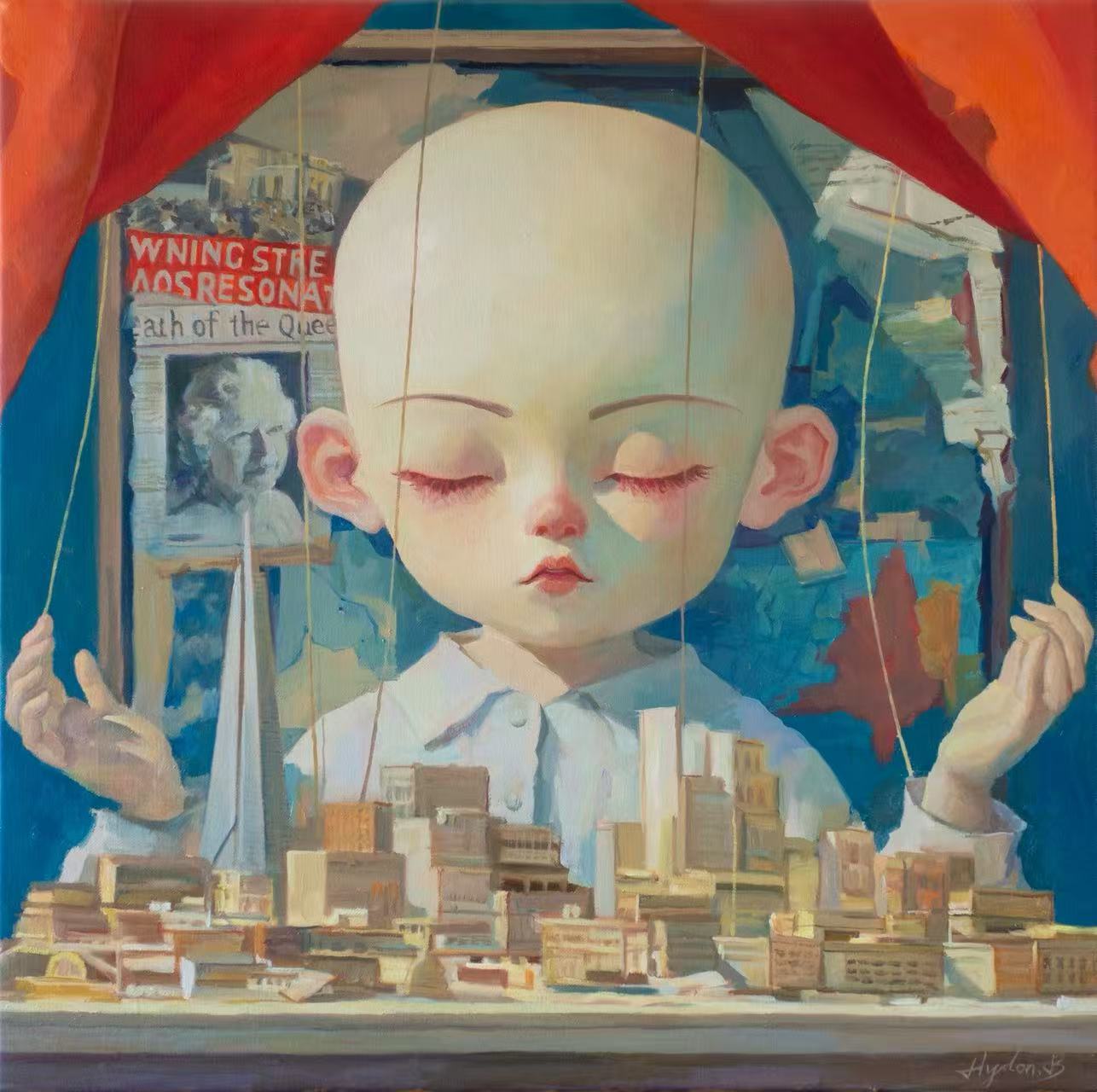 A prominent oil painting showing a large close-up of a bald, serene child with closed eyes. The child sits behind heavy red stage curtains, holding strings like a puppet master over a tiny, complex miniature model city. The background wall is decorated with fragmented maps and historical newspaper clippings, including a portrait of Queen Elizabeth II.