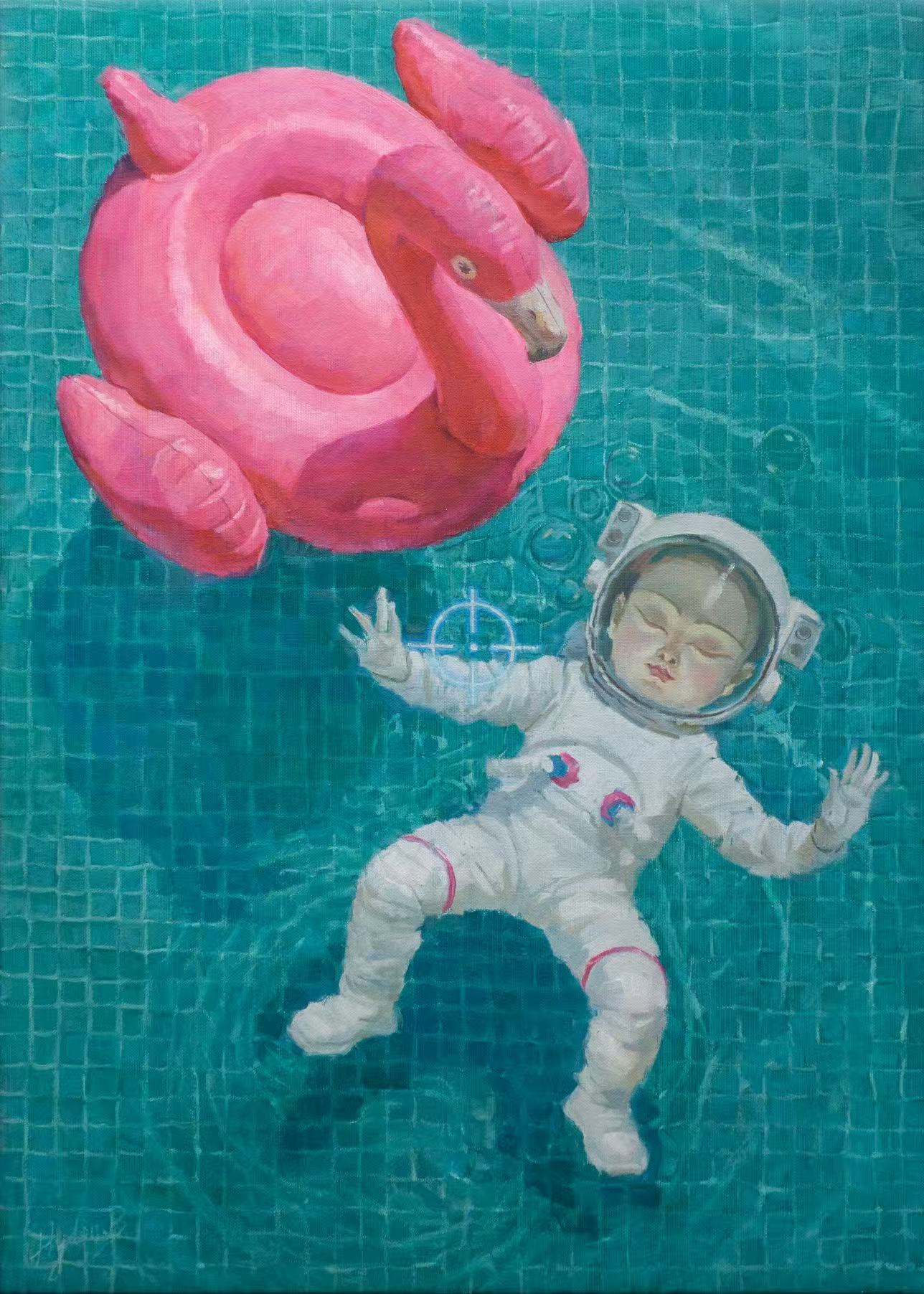 A top-down overview oil painting depicting an infant figure in a full white astronaut spacesuit floating placidly on their back in a tiled turquoise swimming pool. A large, bright pink inflatable flamingo float drifts empty on the water beside them.