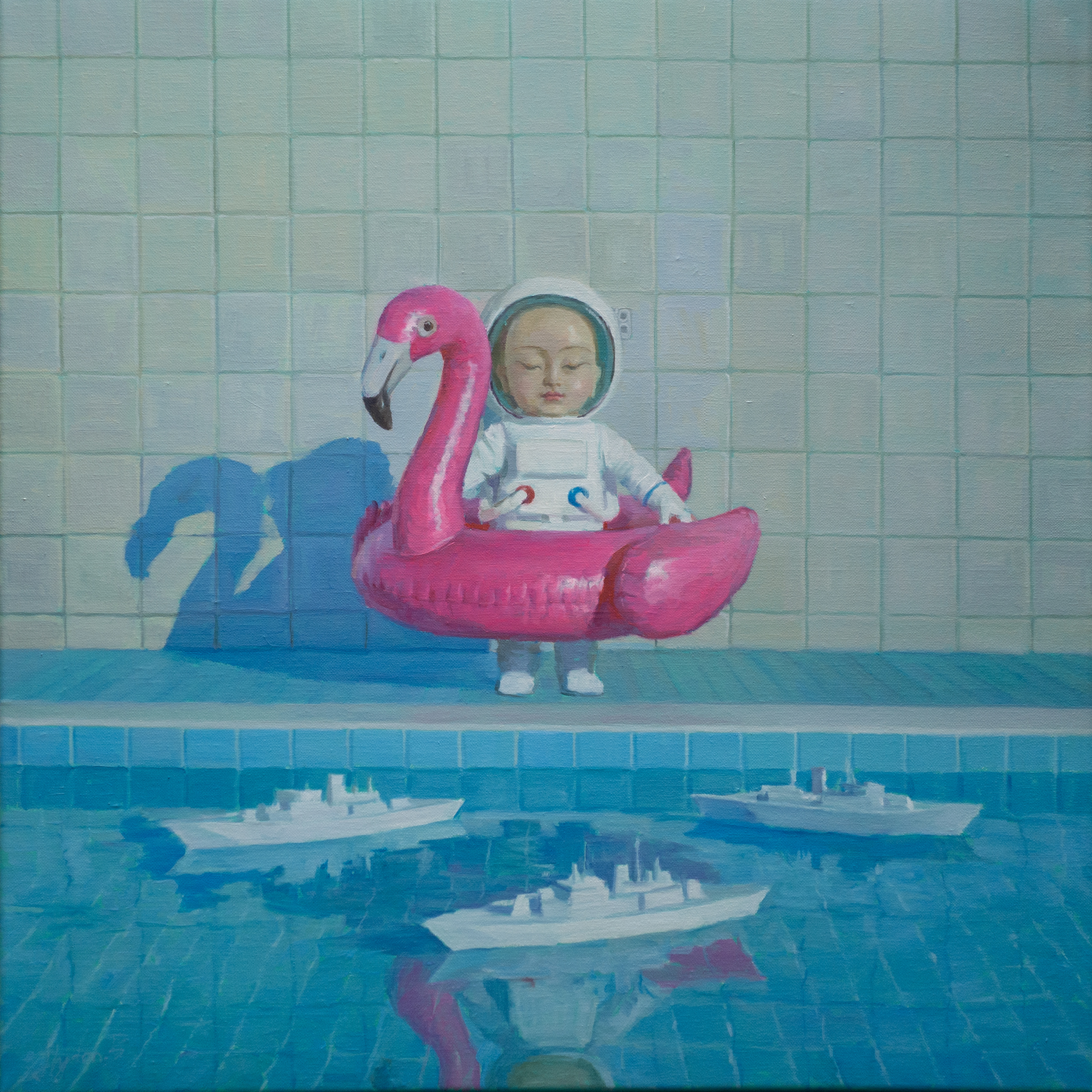An oil painting of a child wearing a white spacesuit and bubble helmet standing inside an indoor swimming pool with light green or pale turquoise square wall tiles. The child wears a large, vibrant pink inflatable flamingo ring. In the water foreground, three small grey toy warships float passively.