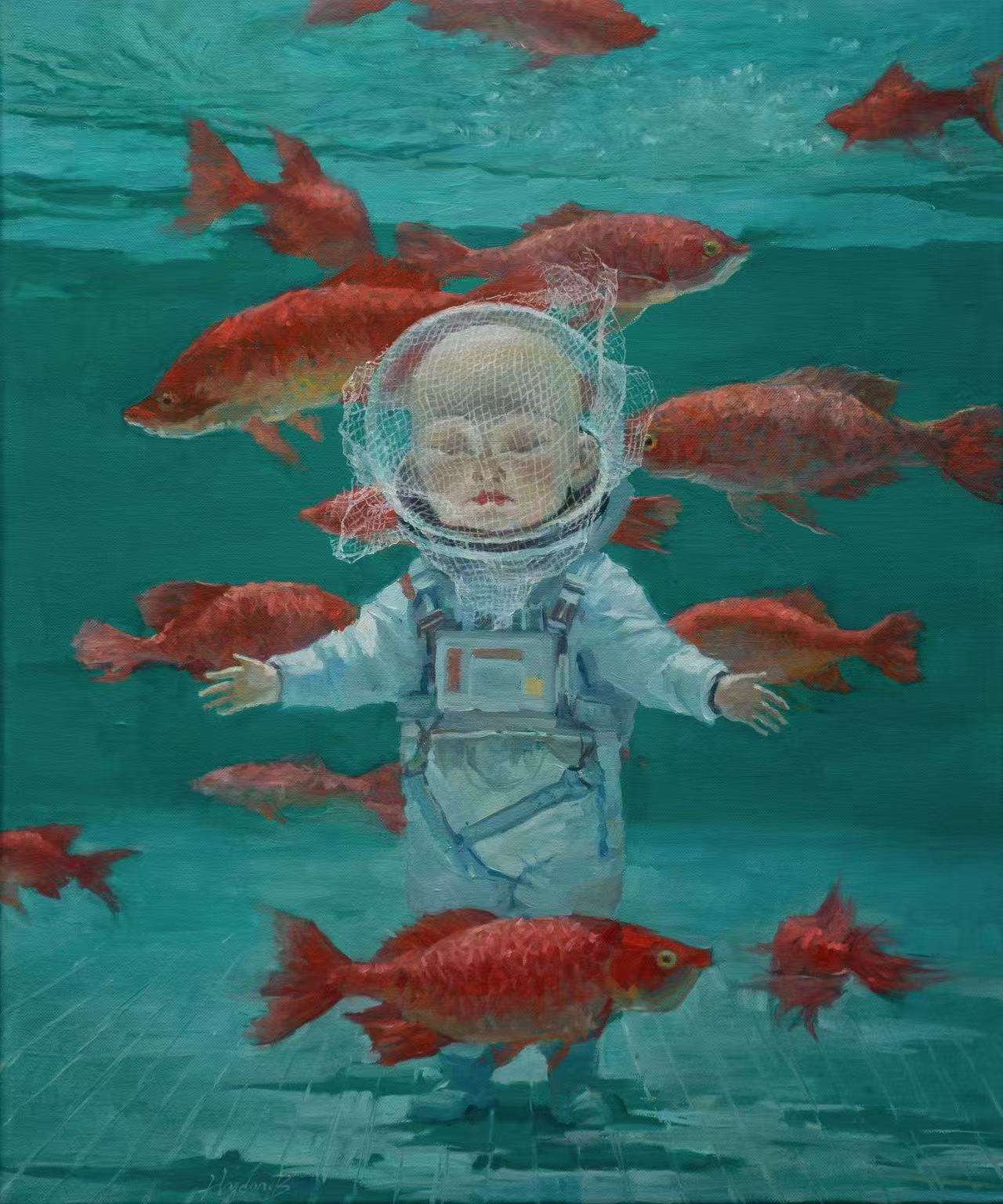 An underwater oil painting featuring an infant wearing a white spacesuit with a fine white wire net wrapped around the clear helmet sphere. The child stands quietly on submerged grid-pattern tiles, surrounded by multiple large, vibrant red goldfish swimming through dark green water.