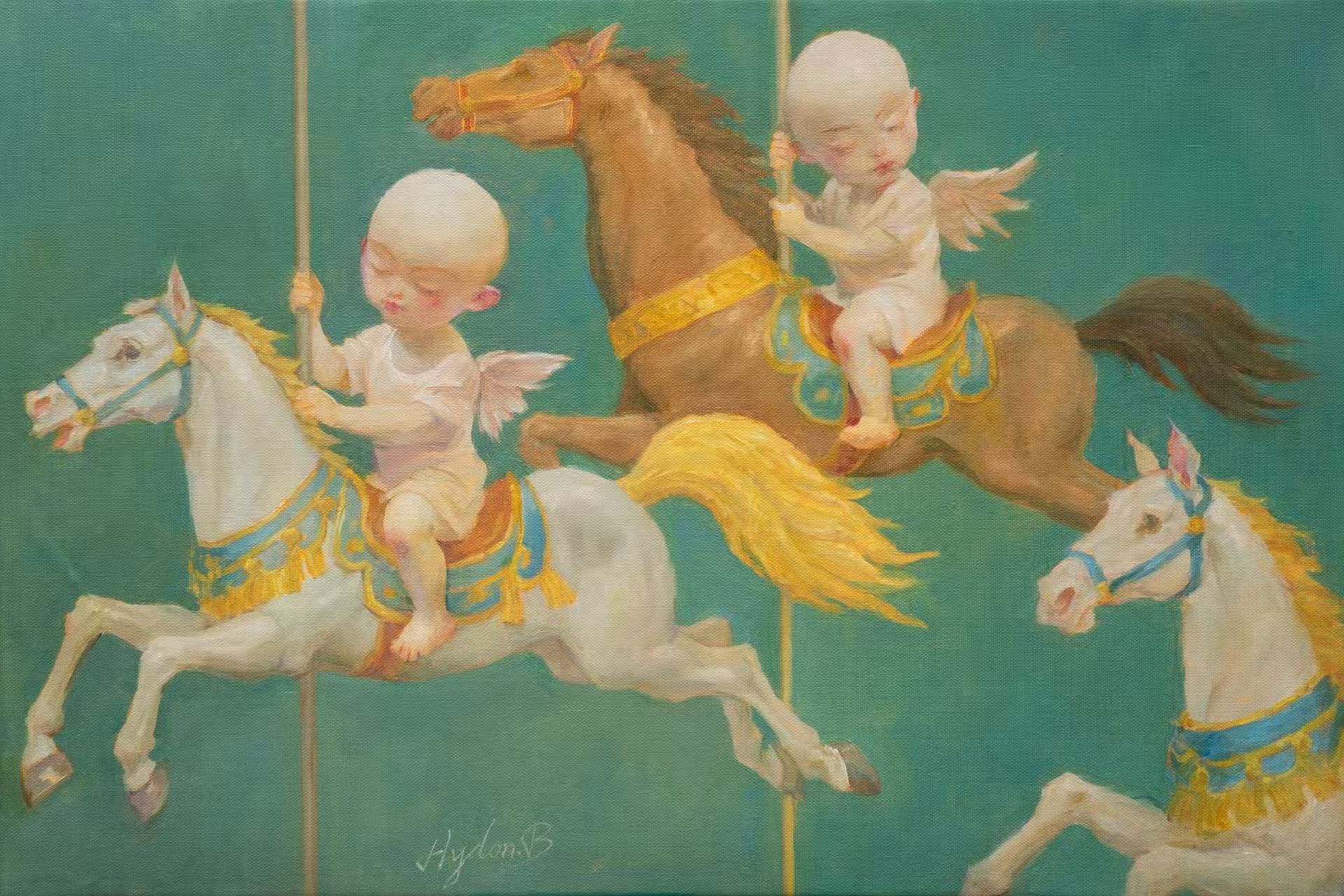 A stylized oil painting under the concept of 'Presence' showing two bald, winged infant figures with calm, closed, Buddha-like eyes riding a vintage carousel. One child is mounted on a white wooden horse with blue saddle trimmings, while the other is on a brown horse. The entire backdrop is a clean, solid teal-green field.