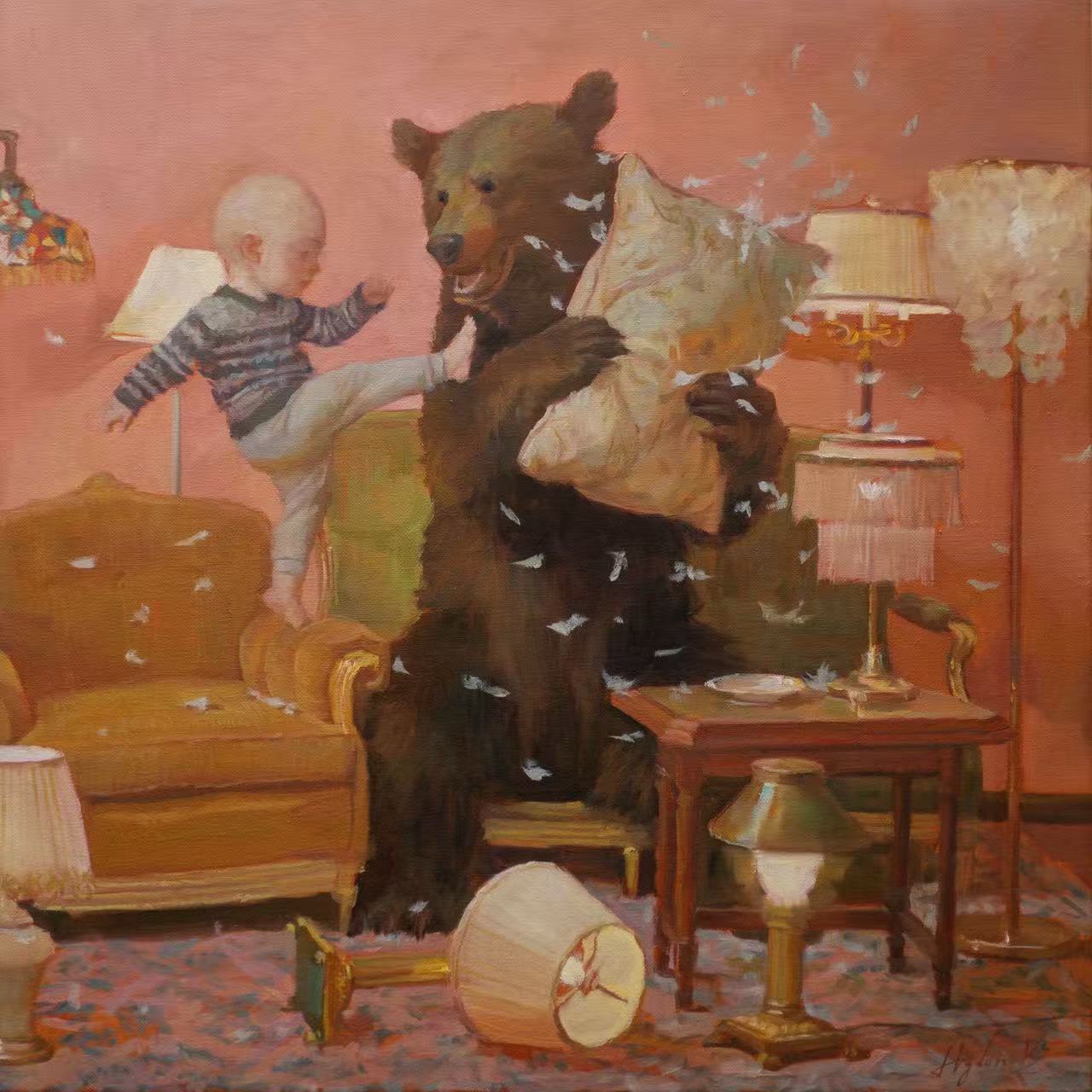 A warm-toned oil painting set in a cozy domestic living room. A toddler in a striped pullover shirt stands on a sofa, playfully kicking a huge, gentle brown bear that holds a soft white pillow close. Feathers float in the air, illuminated by vintage lamps, a small table lamp, and an armchair.