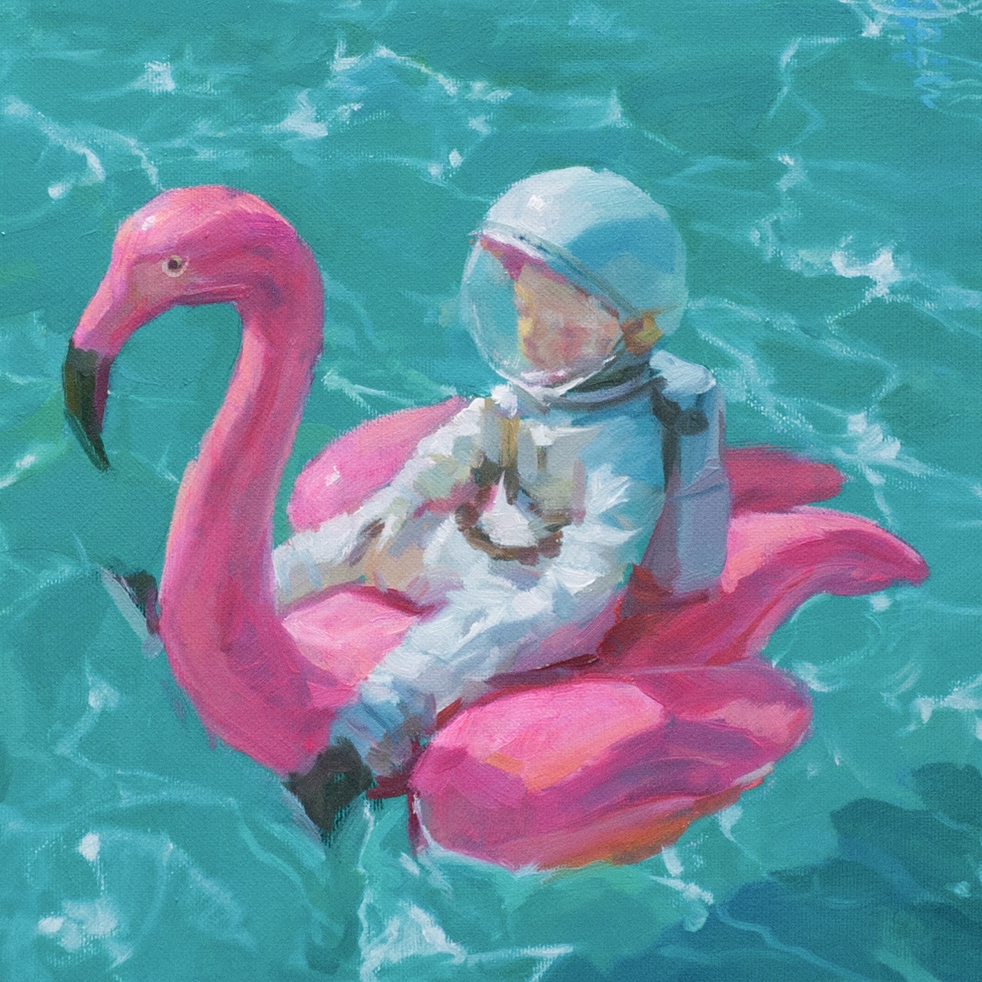 A close-up oil painting of an infant clad in a detailed white astronaut spacesuit and reflective transparent helmet, sitting inside a bright pink inflatable flamingo pool float. The figure drifts passively over textured, rich turquoise ocean water painted with bold, active ripples.