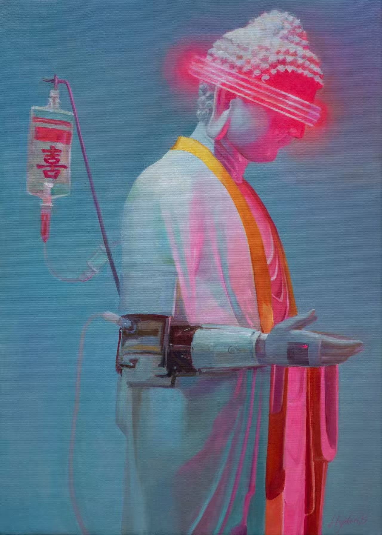 A contemporary oil painting of a standing serene Buddha statue viewed from the side under neon lighting. A bright glowing neon pink visor or light bar tightly covers its eyes, and its metallic cybernetic arm is attached via tubes to an intravenous IV drip bag labeled with the Chinese character for Double Happiness (囍).