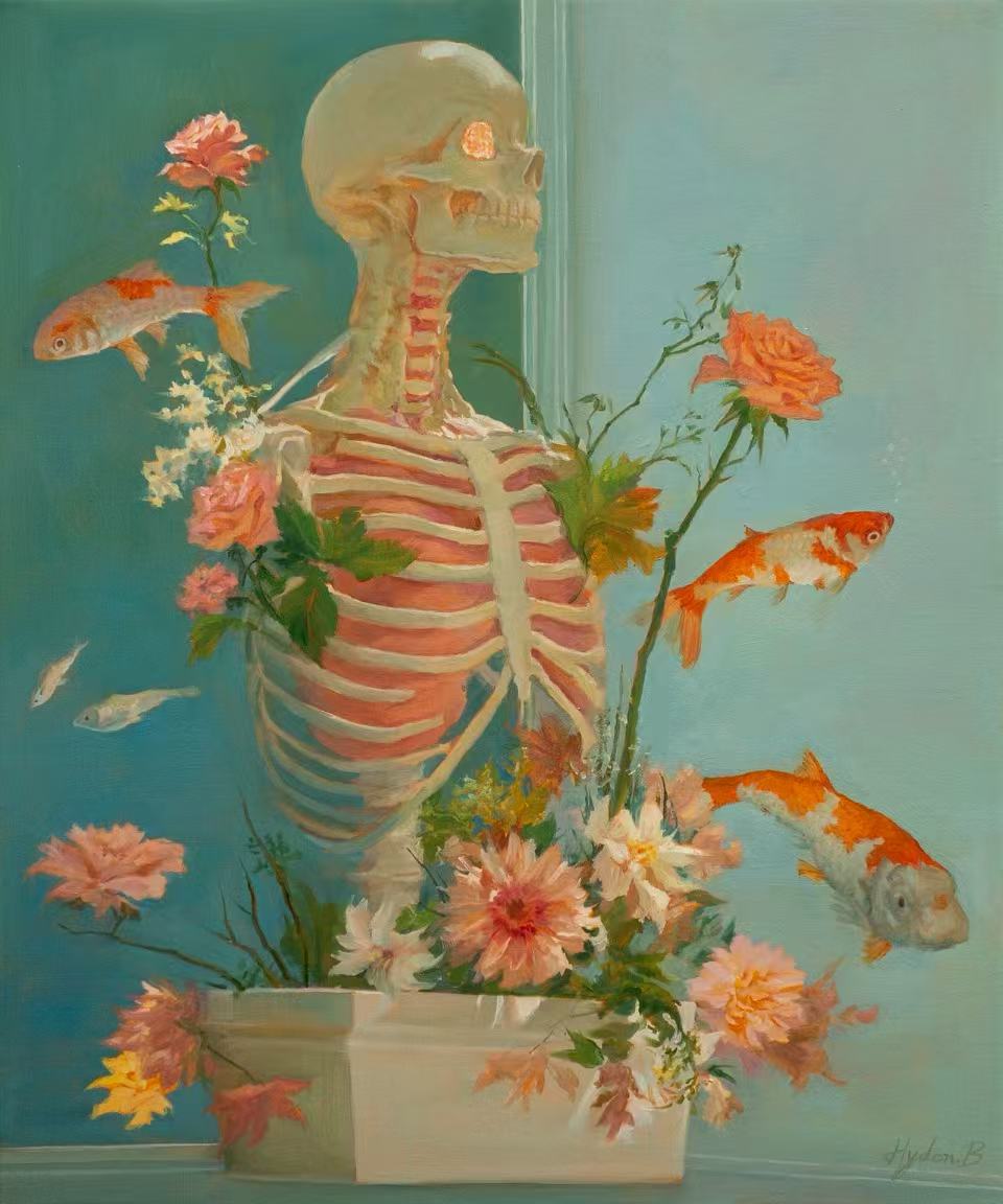 A detailed oil painting focusing on a human skull and rib cage resting inside a white planter box. Vibrant coral-orange roses sprout directly from within the bone cavities, while orange koi fish float serenely through the ambient air outside the enclosure, creating a surreal biological ecosystem.