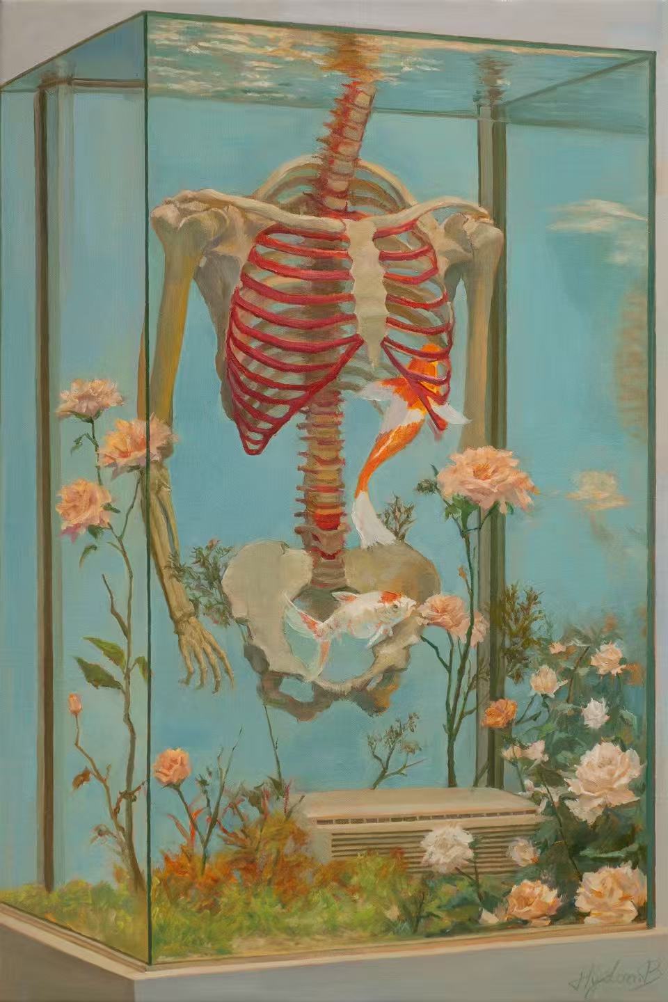 A crisp contemporary oil painting showcasing a headless and legless human skeletal torso suspended inside a transparent glass aquarium filled with water. Bright orange and white koi fish swim gently through the chest and pelvic bones, interspersed with pale pink roses growing out of the structure against a calm turquoise background.