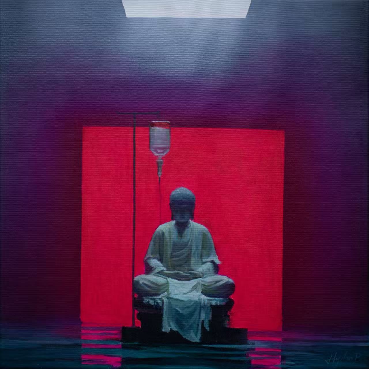 An oil painting depicting a dark stone Buddha statue sitting in a lotus meditation posture on a dark platform above still water. Directly behind the statue stands a massive, glowing rectangular solid crimson-red digital light screen, flanked by a thin metallic IV drip stand silhouetted against the dark ambient purple background.