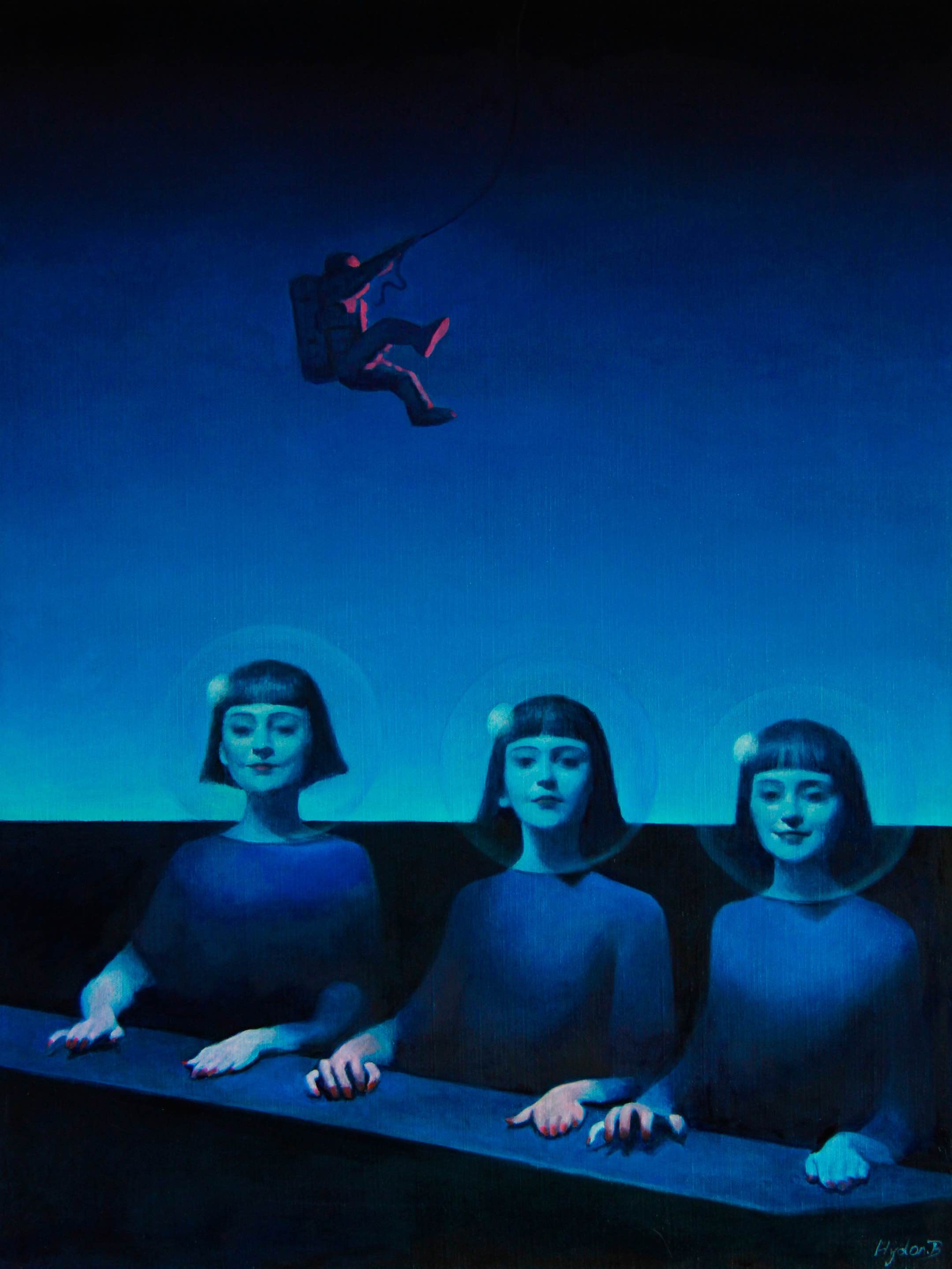 A deep indigo oil painting depicting three serene, identical female figures with dark bob haircuts, wearing deep blue garments, positioned side-by-side inside a dark blue spaceship cabin or balustrade, acting as guardians. In the upper dark cosmic void of the canvas, a single, detached astronaut figure floats away into the infinite deep space.