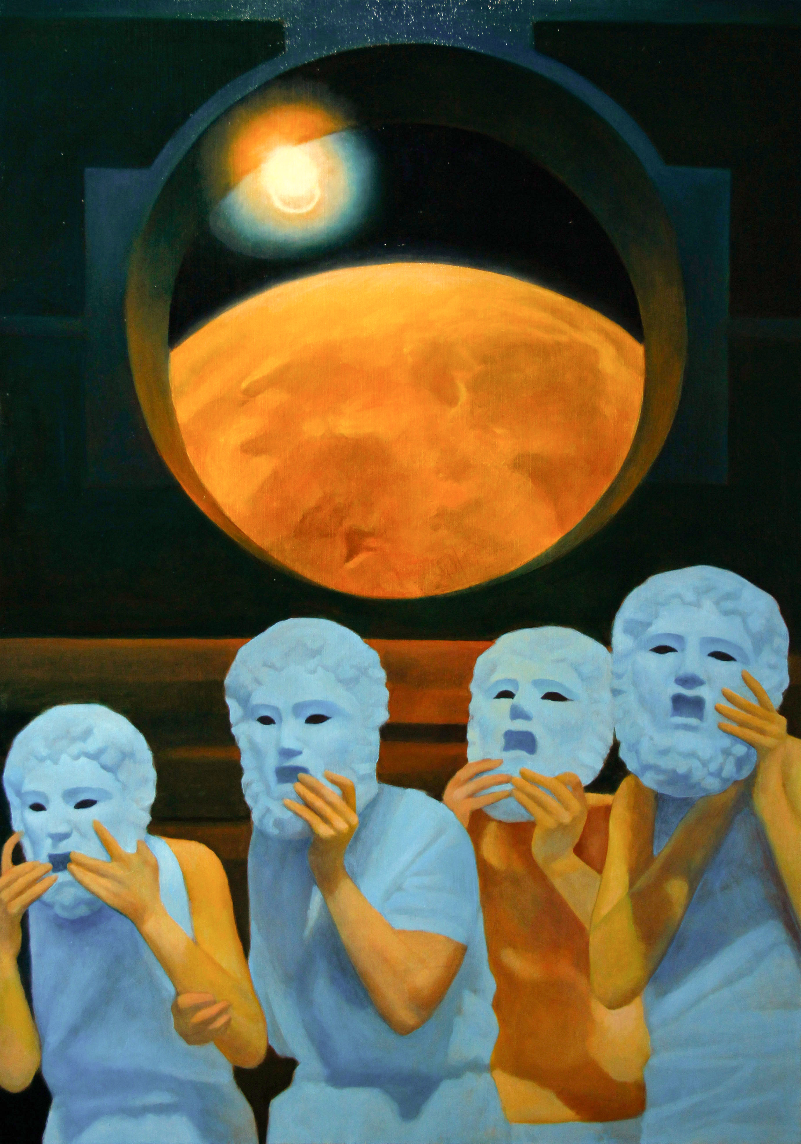 A grand contemporary oil painting. In the foreground, four figures in pale blue robes stand closely together, their faces obscured by neoclassical blue sculptural masks or expressive stone-like faces with closed eyes. Above them, a large circular architectural portal or spaceship window opens up to a view of a massive, glowing orange planet casting a warm light into the dark cosmic background.