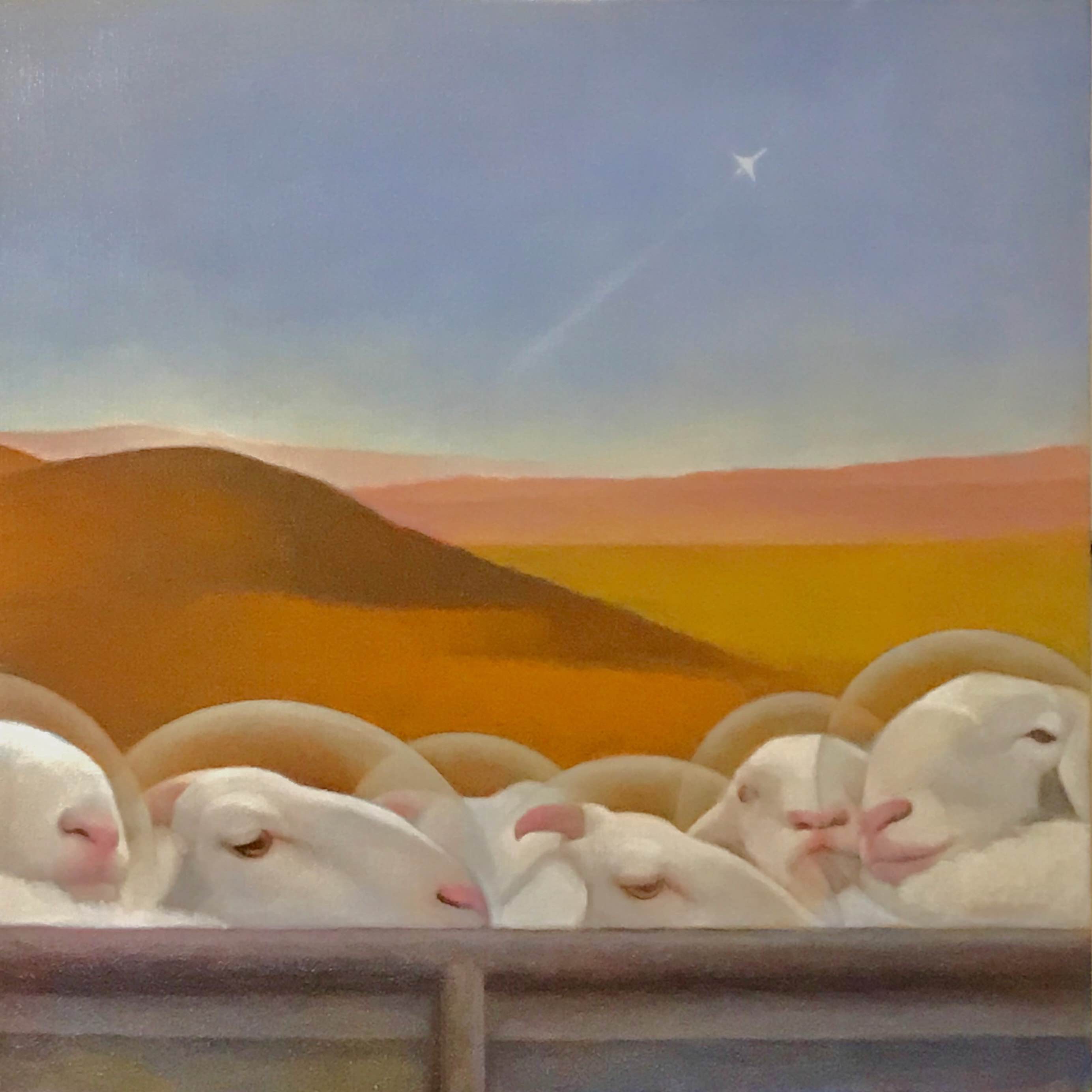 An oil painting showing a vast, rolling desert landscape with golden-orange sand dunes under a pale blue, hazy sky with a faint shooting star or comet. In the lower foreground, a dense flock of white sheep is tightly packed together behind a barrier, with each sheep wearing a round, transparent glass astronaut space helmet.